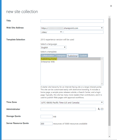 Create Site Collection - Select Template